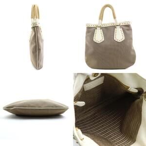 Prada Shoulder Canvas Handle Logo Studded Top Bag Jacquard Beige White